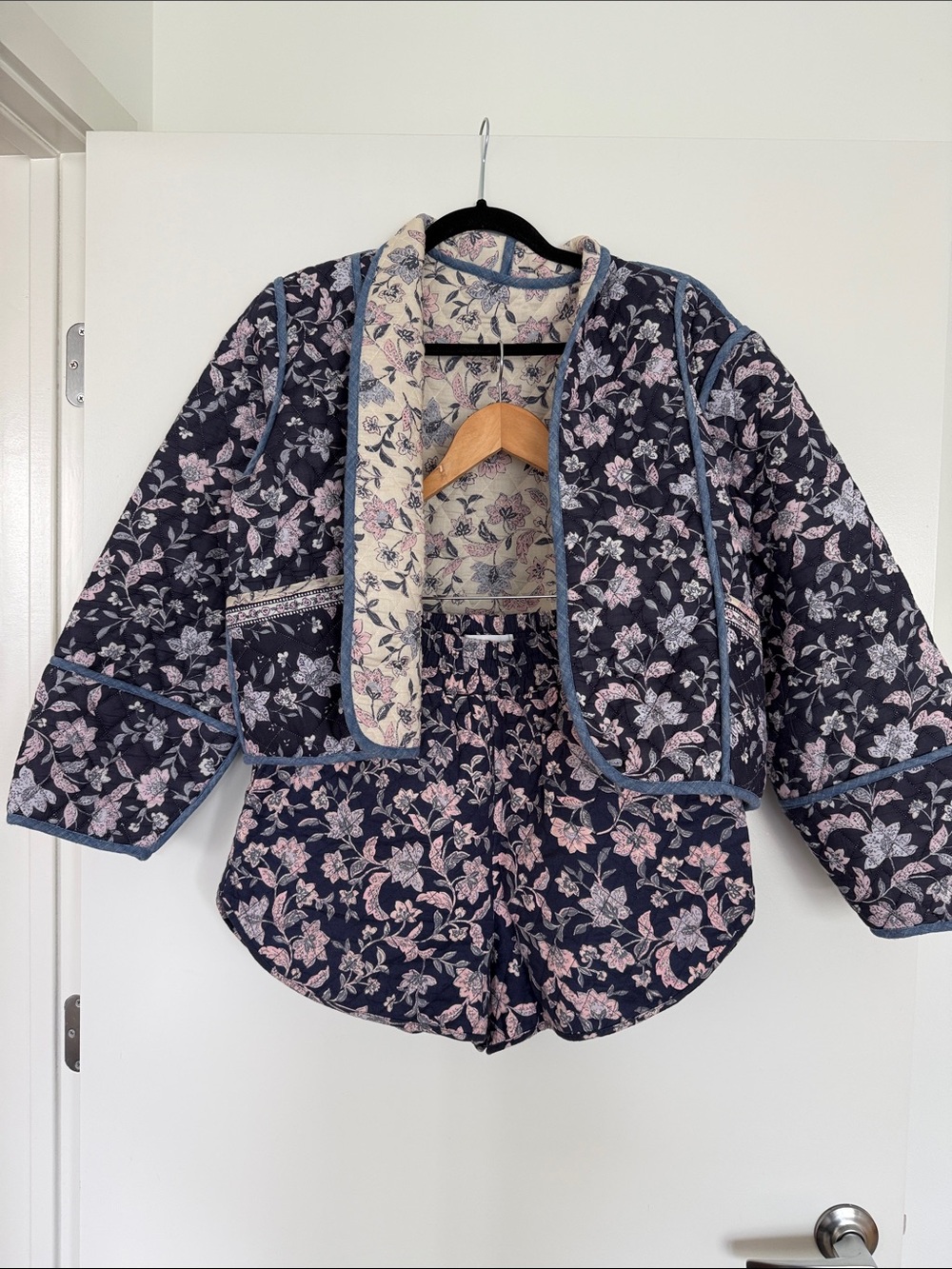 Quilted Floral Short Jacket and shorts Set - Navy & Pink